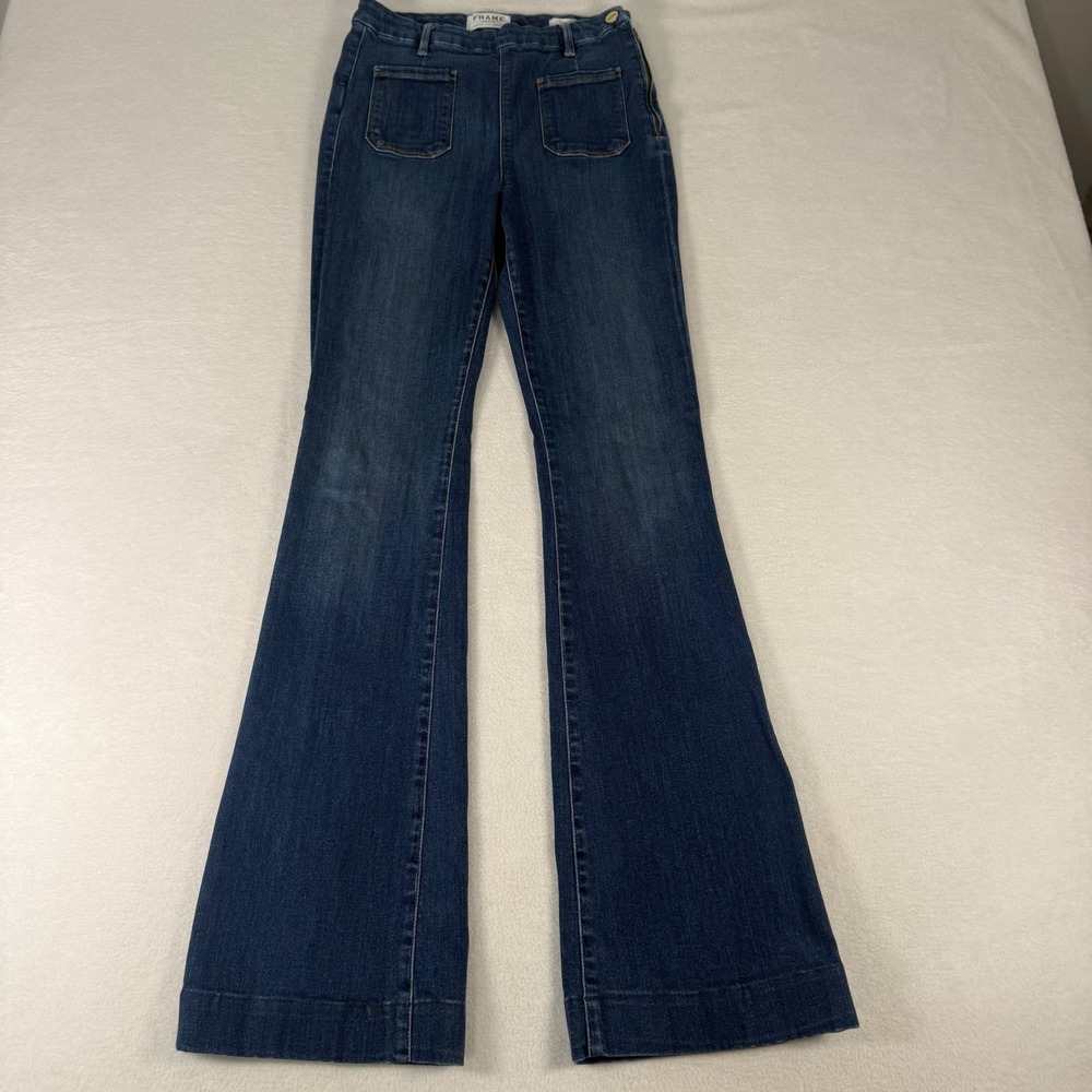 Frame Denim Le High Flare Jeans Womens 28 Blue Side Zip Patch Pocket Retro Boho